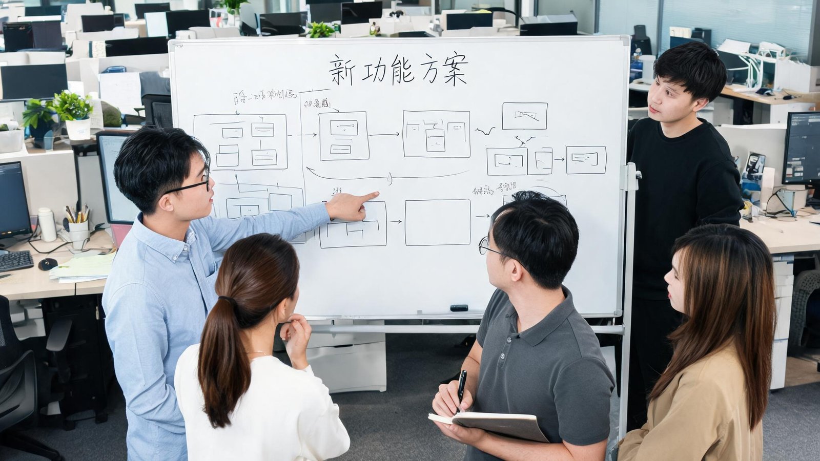 开云体育团队成员在开放式办公室的白板前讨论新功能方案，大家表情专注而投入