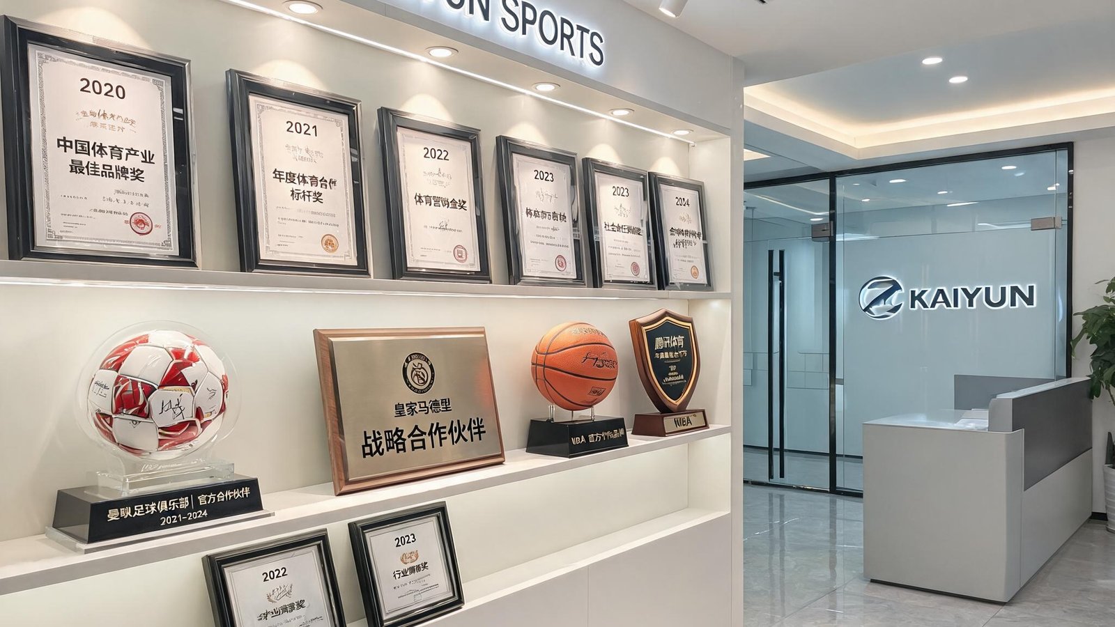 开云体育公司入口处的荣誉展示墙，陈列着近五年获得的行业奖项和合作方赠送的纪念品